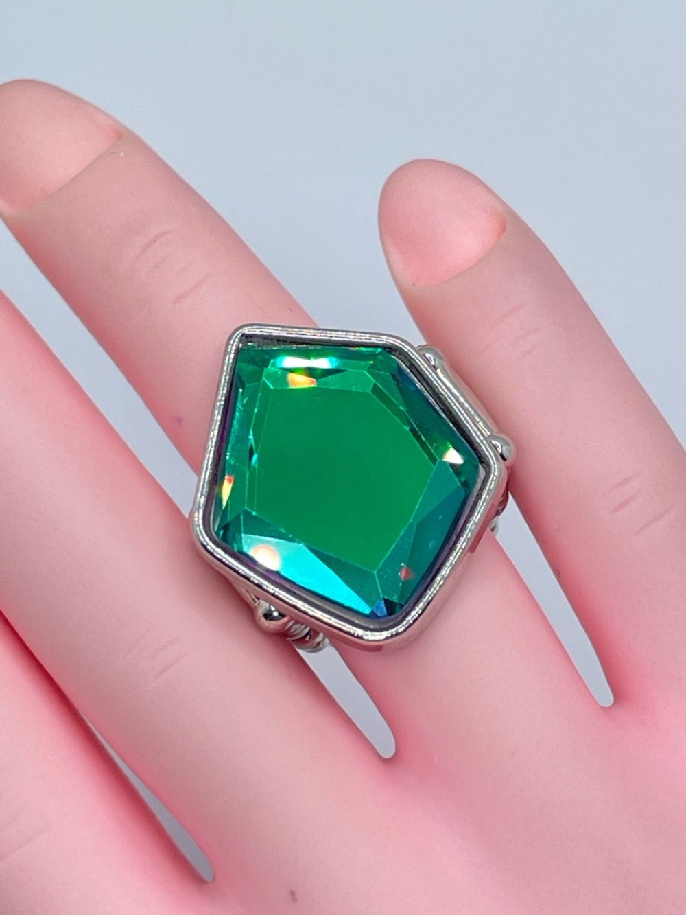 AB Crystal Stretch Ring Iridescent Statement Silver Tone Adjustable